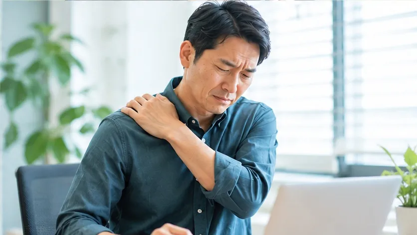 デスクワークや立ち仕事で肩こり・腰のだるさを感じている人のイメージ写真